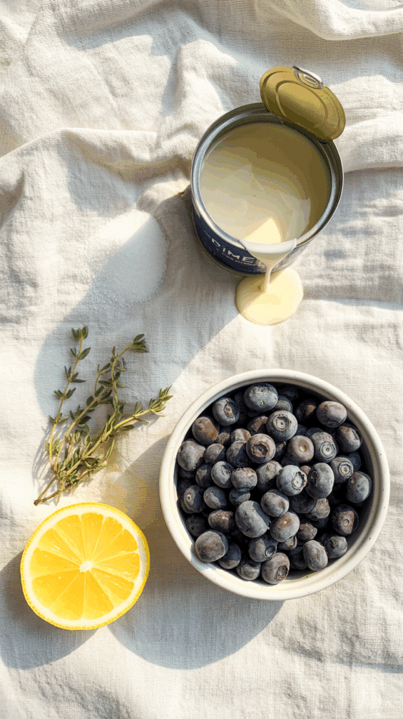 Ingredients for Blueberry, Thyme and Sweet Cream Ice Pops, including condensed milk.