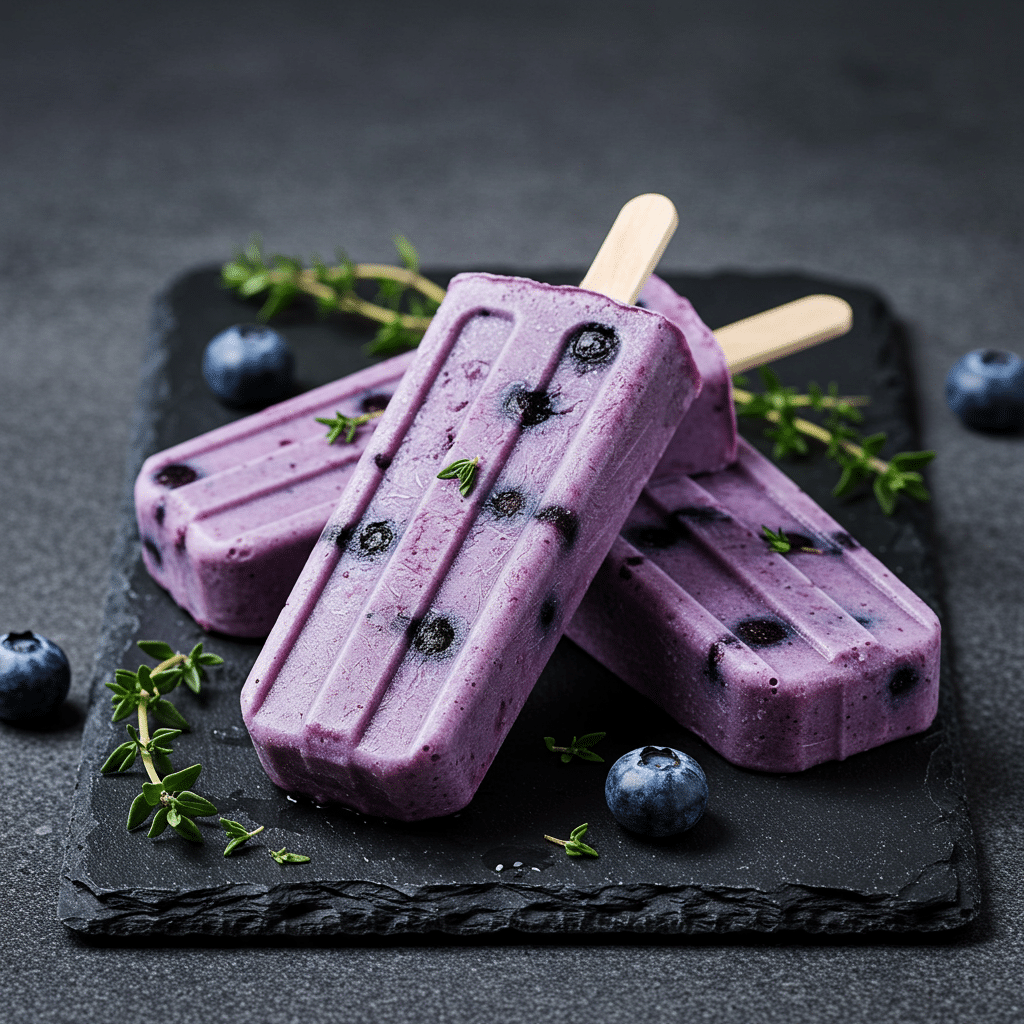 Three gourmet Blueberry, Thyme and Sweet Cream Ice Pops on a slate board.