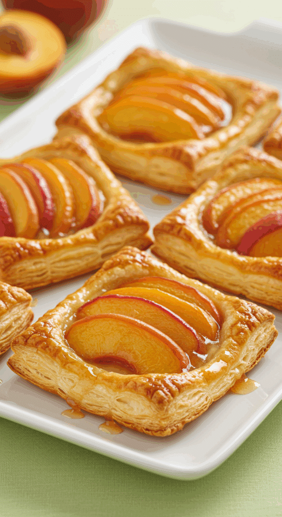 A platter of beautiful, golden-brown, and flaky homemade Peach Tartlets with a glossy apricot glaze.