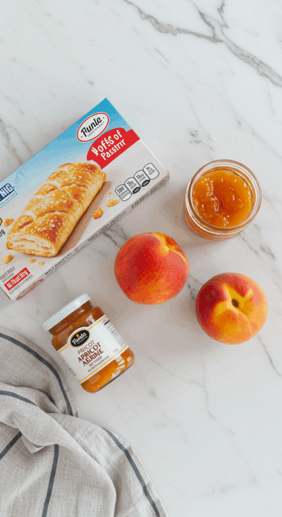 The three simple ingredients for the Easy Peach Tartlets: puff pastry, fresh peaches, and apricot preserves.
