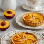 An elegant, individual Peach Tartlet being served at a beautiful afternoon tea.