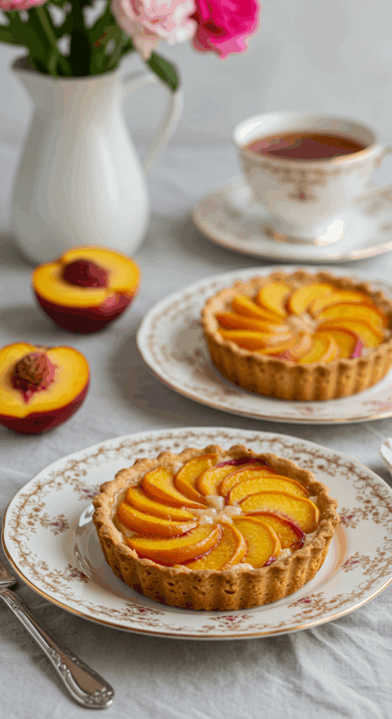 An elegant, individual Peach Tartlet being served at a beautiful afternoon tea.