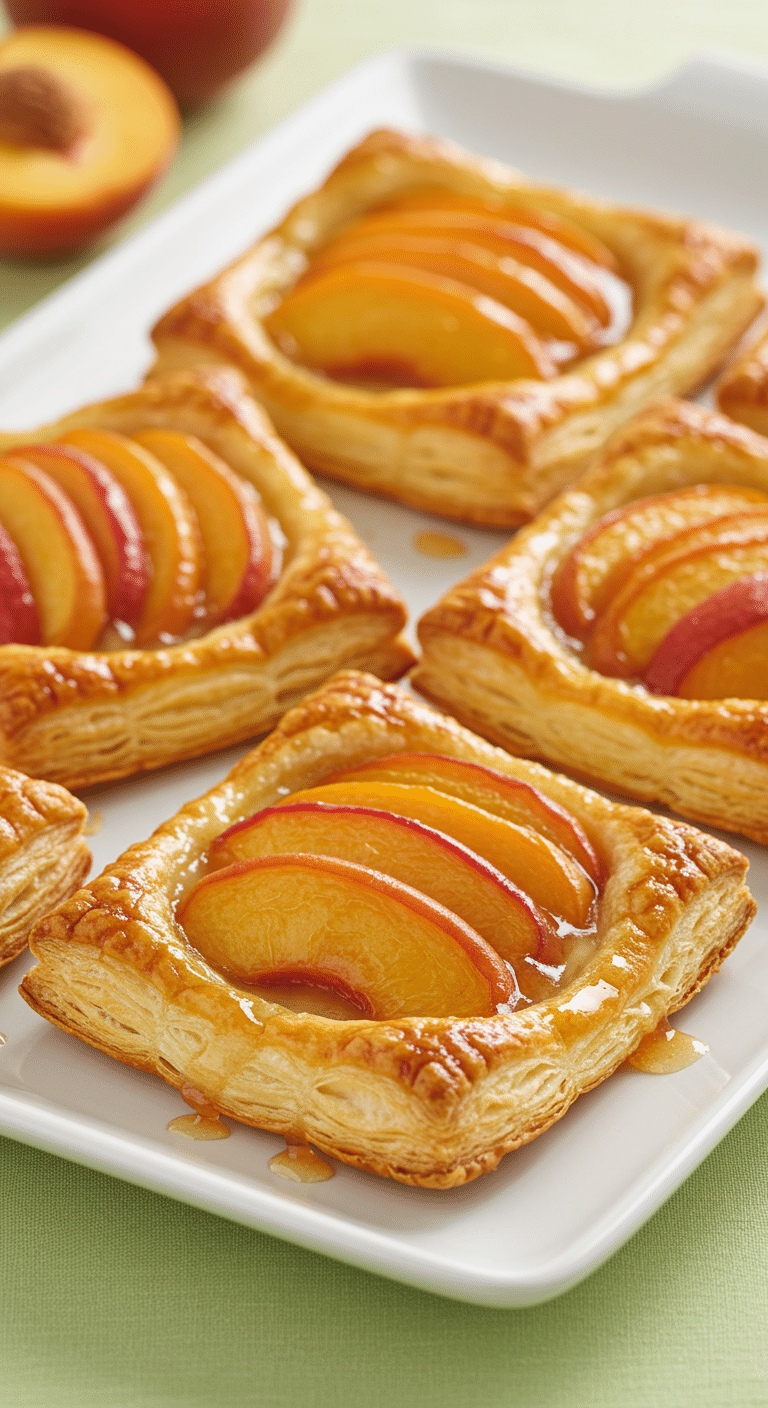 A platter of beautiful, golden-brown, and flaky homemade Peach Tartlets with a glossy apricot glaze.