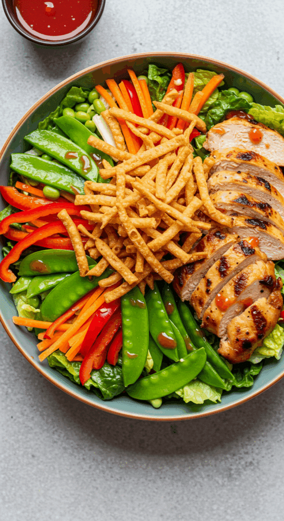 A large bowl of homemade, restaurant-quality Grilled Asian Chicken Salad.