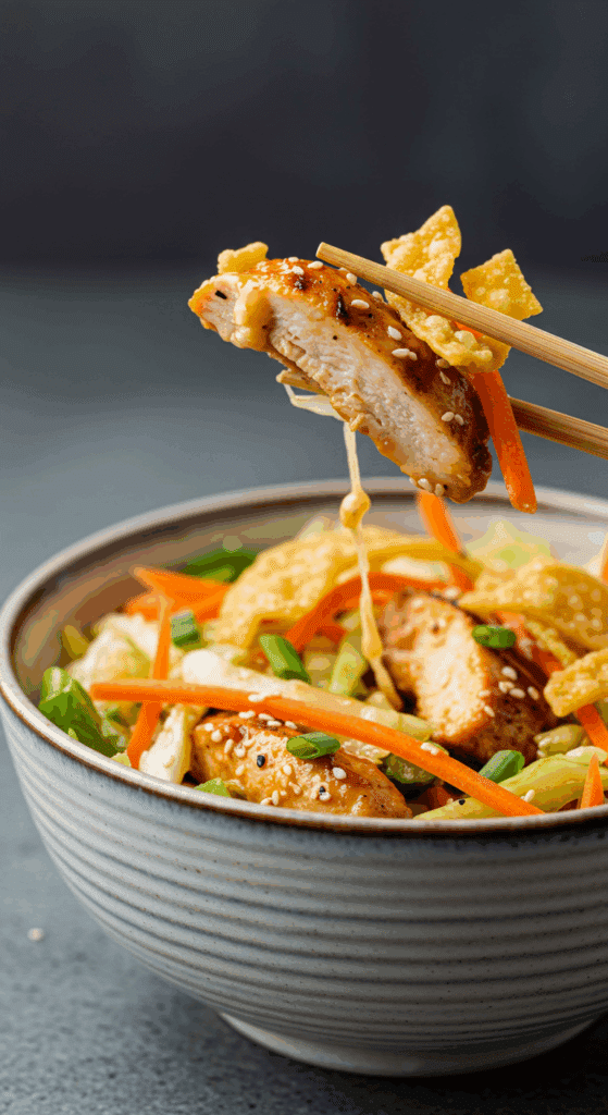 A delicious serving of the finished Grilled Asian Chicken Salad in a bowl.