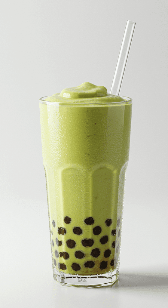 A tall, refreshing glass of creamy, pastel green Avocado Boba with a boba straw.
