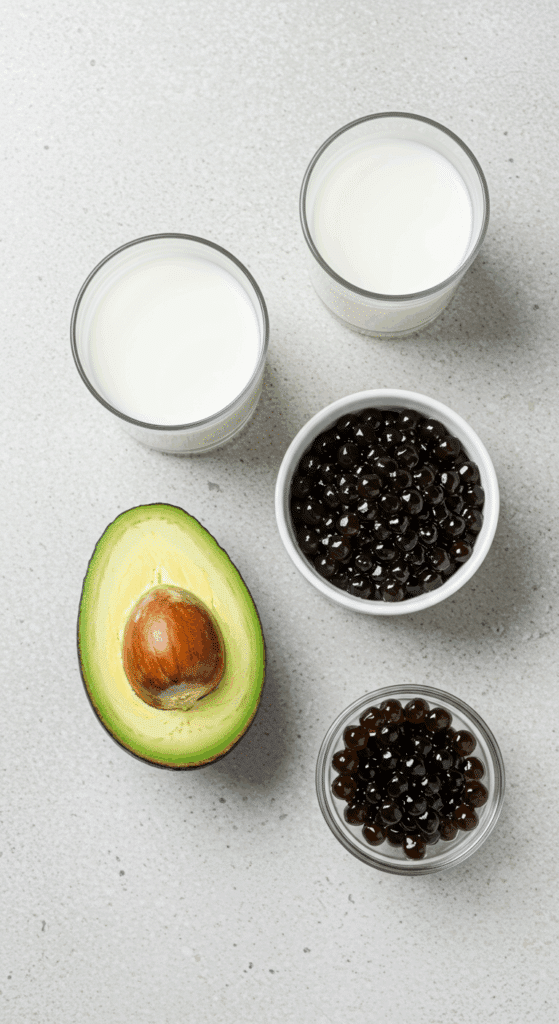 The simple, fresh ingredients for the creamy Avocado Boba recipe.