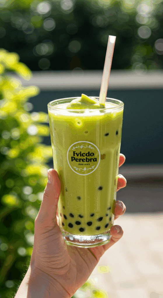 A person's hands holding a tall, refreshing glass of homemade Avocado Boba on a sunny day.