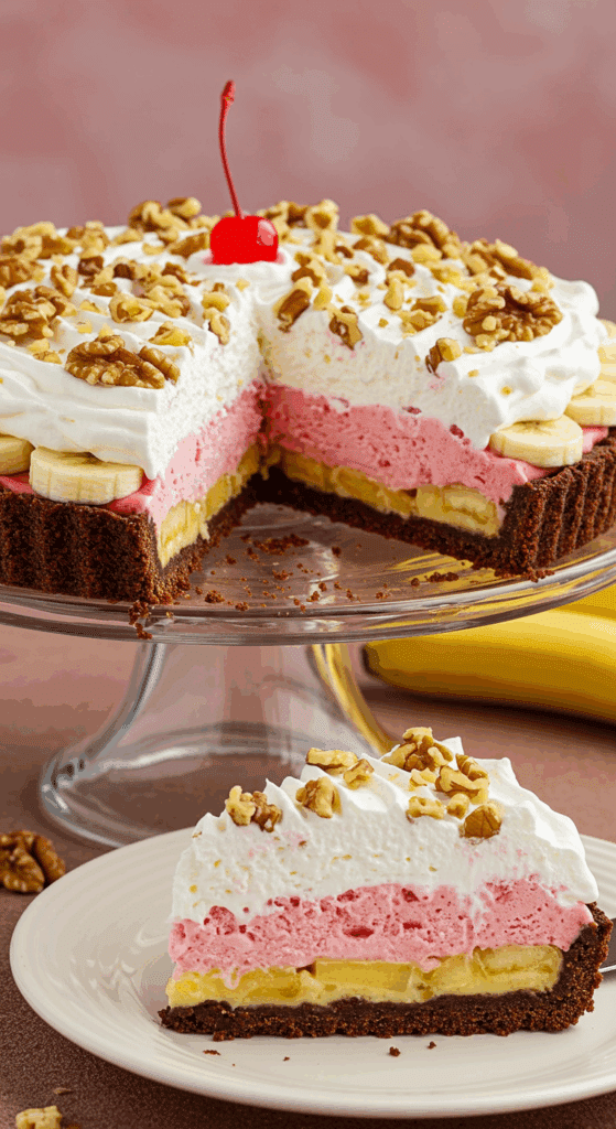 A beautiful, layered Banana Split Ice Cream Pie on a cake stand with one perfect slice removed.