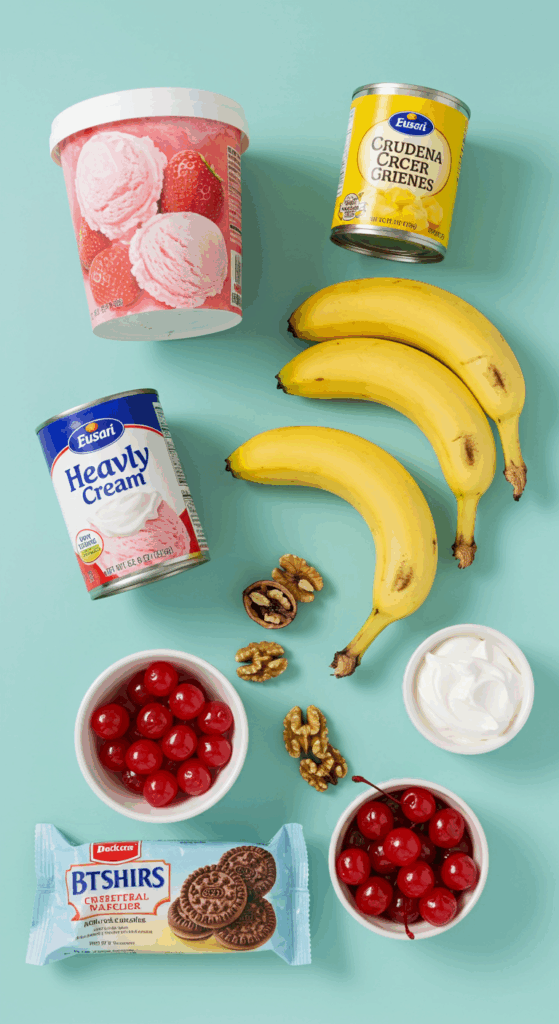 The fun, colorful ingredients for the easy Banana Split Ice Cream Pie recipe.