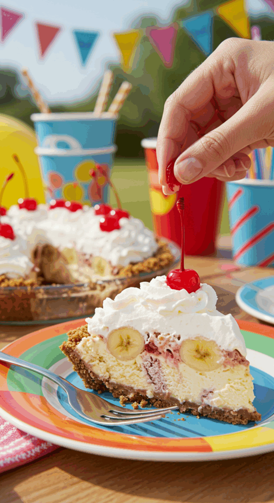 A fun, festive slice of Banana Split Ice Cream Pie being served at a birthday party.