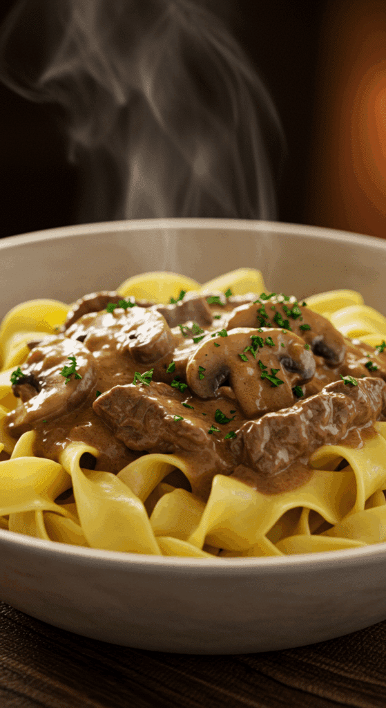 A warm, comforting bowl of classic Beef Stroganoff served over buttery egg noodles and garnished with parsley.