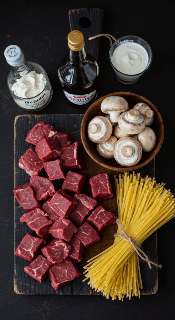 The rustic ingredients for the classic Beef Stroganoff recipe, including sirloin, mushrooms, and brandy.