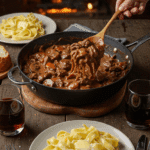 Serving a large scoop of Beef Stroganoff over egg noodles at a family dinner.