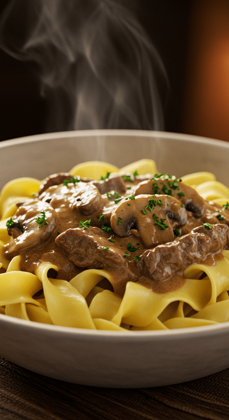 A warm, comforting bowl of classic Beef Stroganoff served over buttery egg noodles and garnished with parsley.