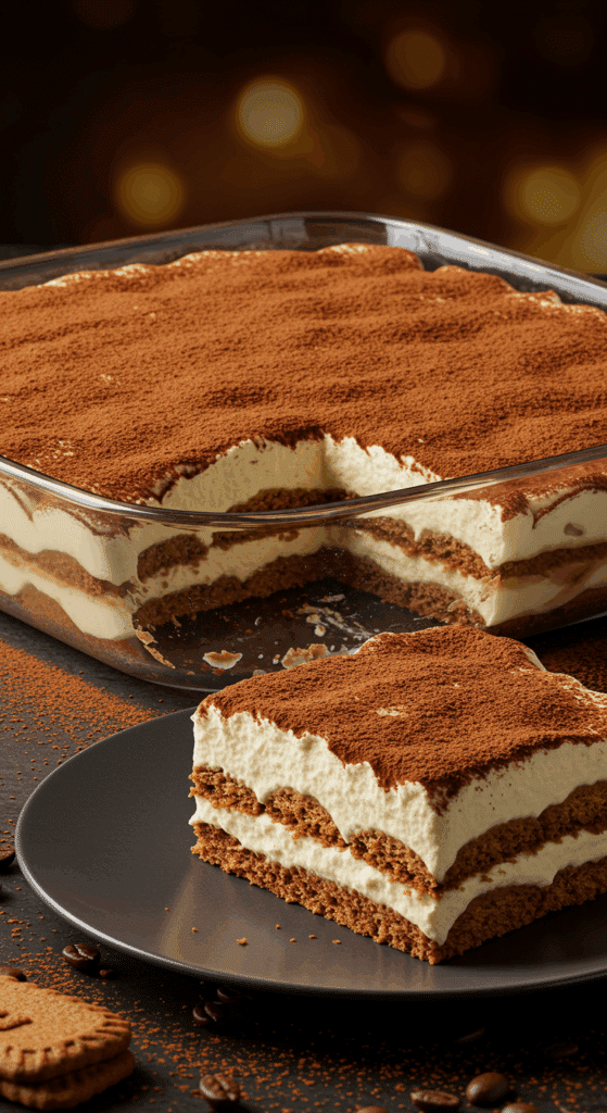 A beautiful, layered Biscoff Tiramisu in a glass dish with a perfect slice removed to show the layers.