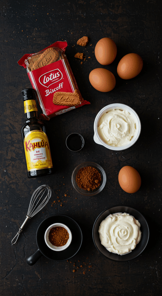 The high-quality ingredients for the Biscoff Tiramisu recipe, including Biscoff cookies and mascarpone.