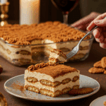 A perfect slice of Biscoff Tiramisu being enjoyed at an elegant dinner party.