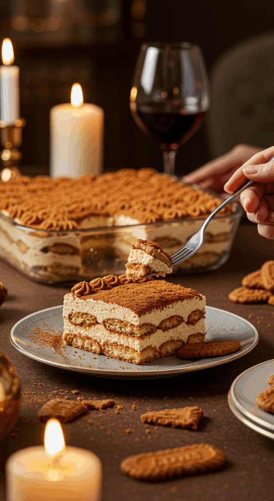 A perfect slice of Biscoff Tiramisu being enjoyed at an elegant dinner party.
