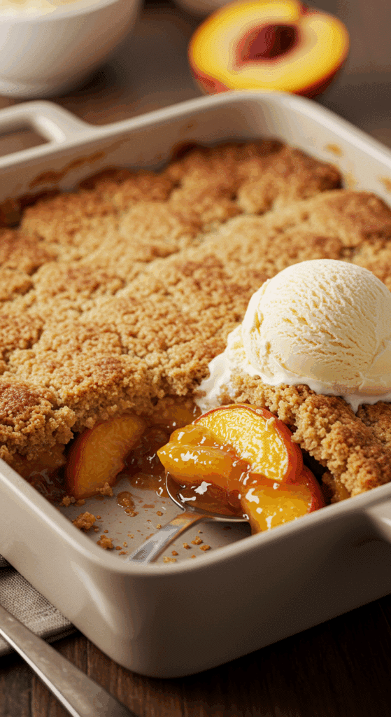 A warm, golden-brown Bisquick Peach Cobbler in a baking dish with a scoop of melting vanilla ice cream.