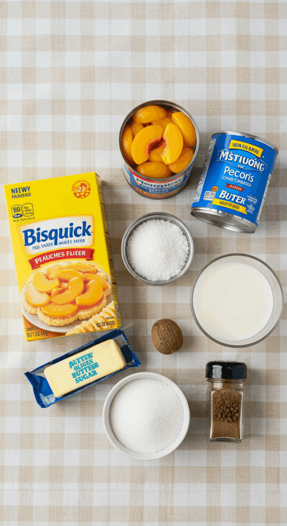 The 6 simple ingredients for the Easy Bisquick Peach Cobbler recipe.