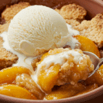 A close-up of a warm bowl of Bisquick Peach Cobbler with a scoop of vanilla ice cream melting on top.