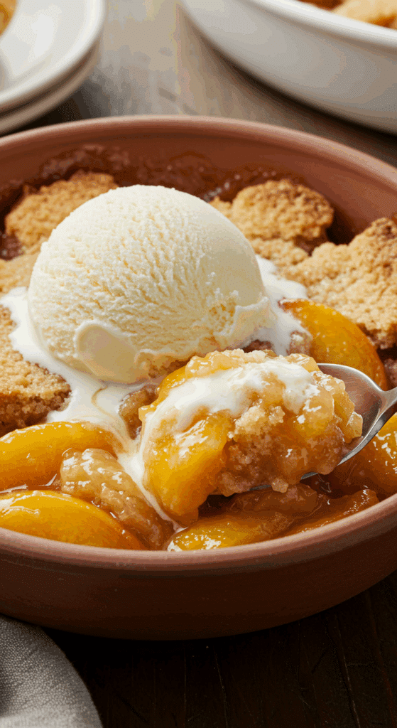 A close-up of a warm bowl of Bisquick Peach Cobbler with a scoop of vanilla ice cream melting on top.