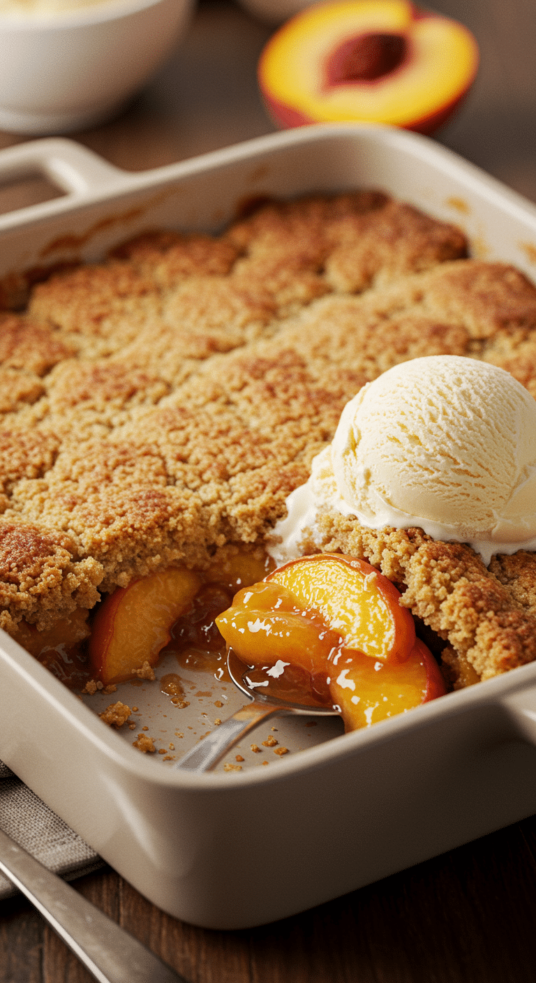 A warm, golden-brown Bisquick Peach Cobbler in a baking dish with a scoop of melting vanilla ice cream.