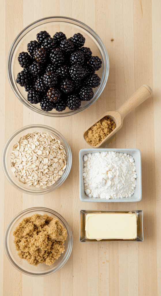 The 5 simple ingredients for the Easy Blackberry Crisp: blackberries, oats, brown sugar, flour, and butter.