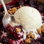 A close-up of a warm bowl of Blackberry Crisp with a scoop of vanilla ice cream melting on top.