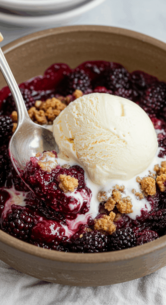 A close-up of a warm bowl of Blackberry Crisp with a scoop of vanilla ice cream melting on top.
