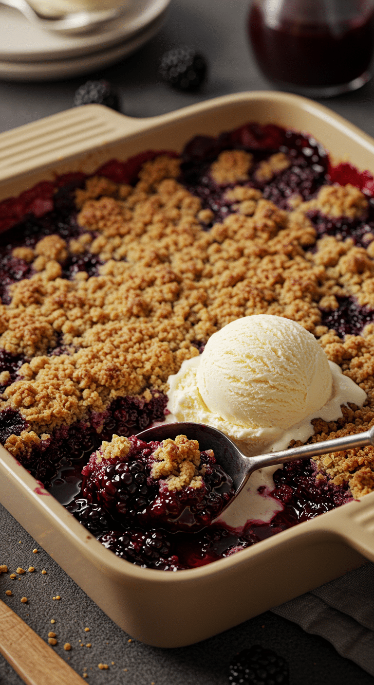 A warm, bubbly, golden-brown Blackberry Crisp in a baking dish with a scoop of melting vanilla ice cream.