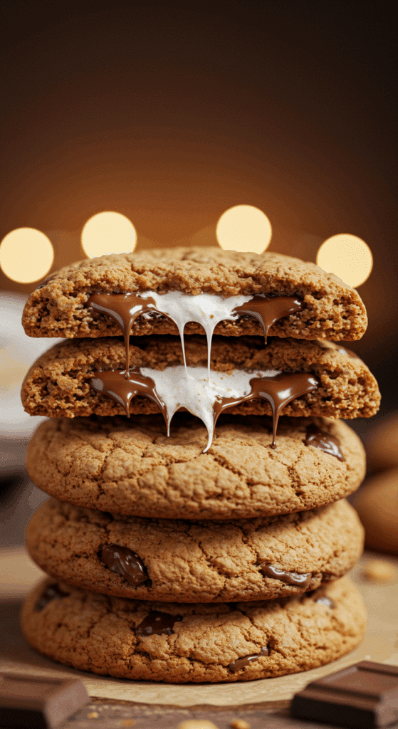 A stack of chewy, gooey Chocolate Chip S’mores Cookies with a marshmallow pull.