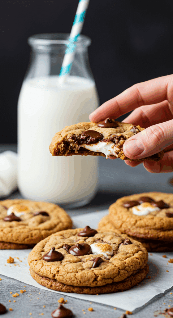 A hand holding a warm, gooey Chocolate Chip S’mores Cookie with a glass of milk.