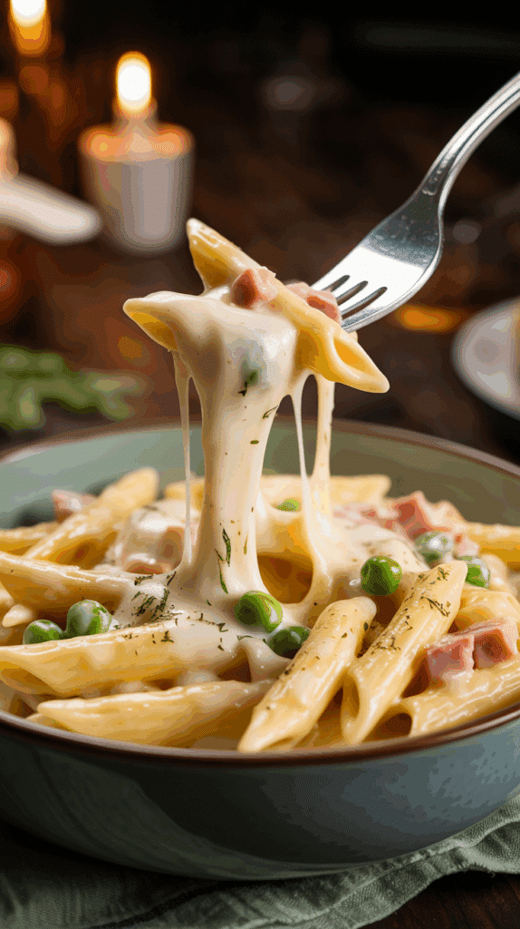 A creamy bowl of Four-Cheese Pasta with Peas and Ham, with a fork lifting a cheesy bite.