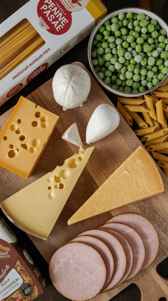 The cheese, pasta, ham, and pea ingredients for the Four-Cheese Pasta recipe.