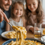 Serving a warm bowl of Four-Cheese Pasta with Peas and Ham at a family dinner.