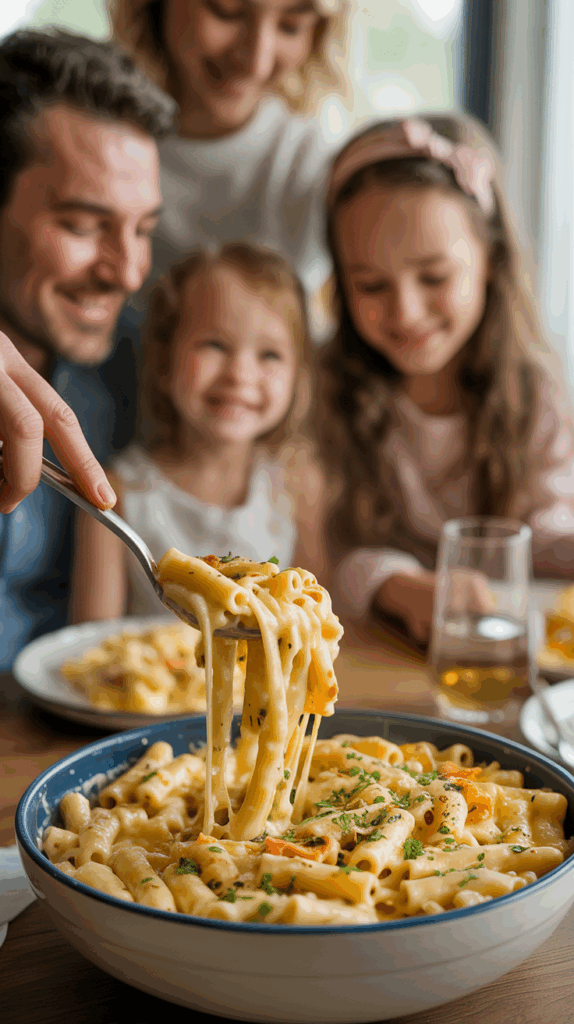 Serving a warm bowl of Four-Cheese Pasta with Peas and Ham at a family dinner.