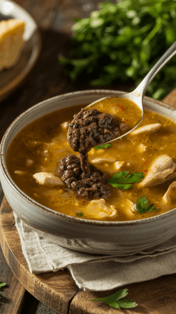 A warm bowl of Chicken Provencal Stoup with a spoonful of black olive tapenade being stirred in.