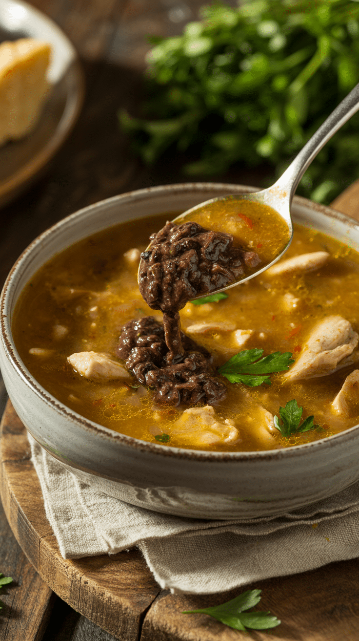 A warm bowl of Chicken Provencal Stoup with a spoonful of black olive tapenade being stirred in.