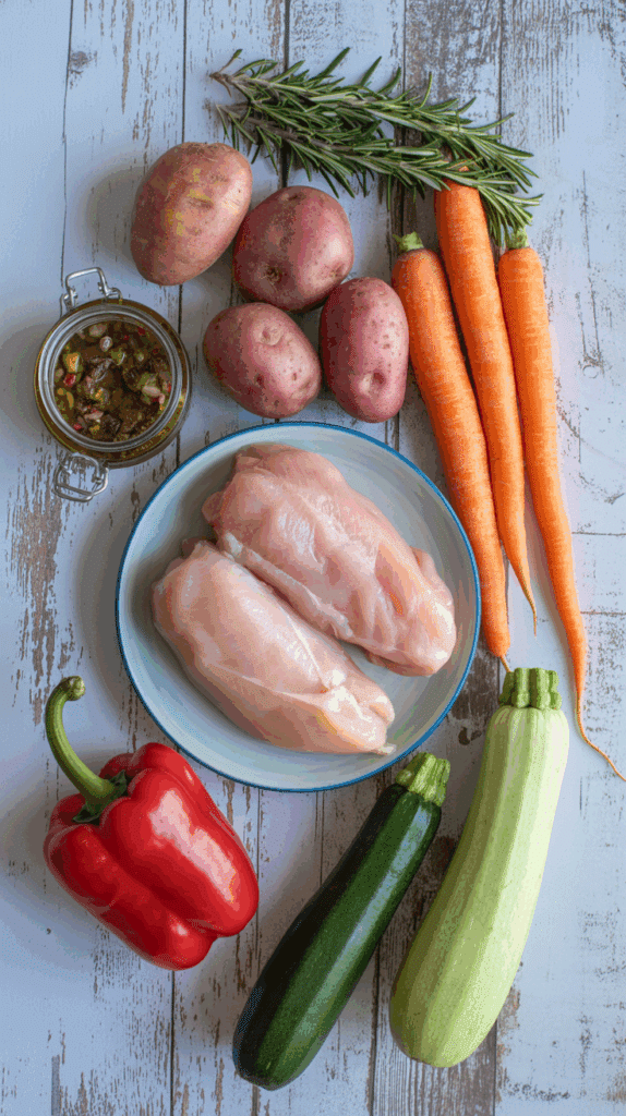 The fresh ingredients for the Chicken Provencal Stoup, including chicken, vegetables, and tapenade.
