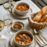 A cozy dinner setting with two bowls of Chicken Provencal Stoup and crusty bread.