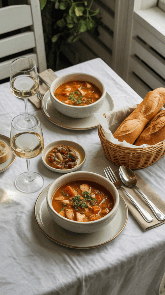A cozy dinner setting with two bowls of Chicken Provencal Stoup and crusty bread.