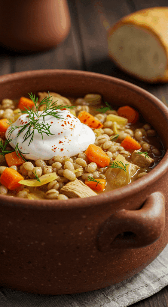 A rustic, hearty bowl of Chicken and Barley Soup with a dollop of sour cream and fresh dill.