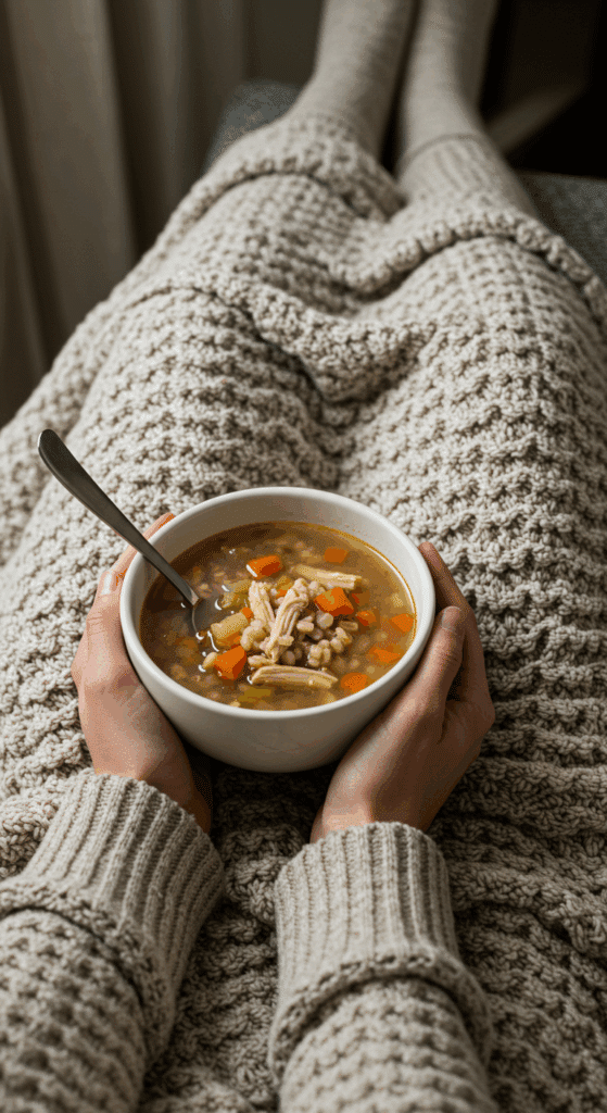 A person holding a warm, comforting bowl of Chicken and Barley Soup on a cozy day.