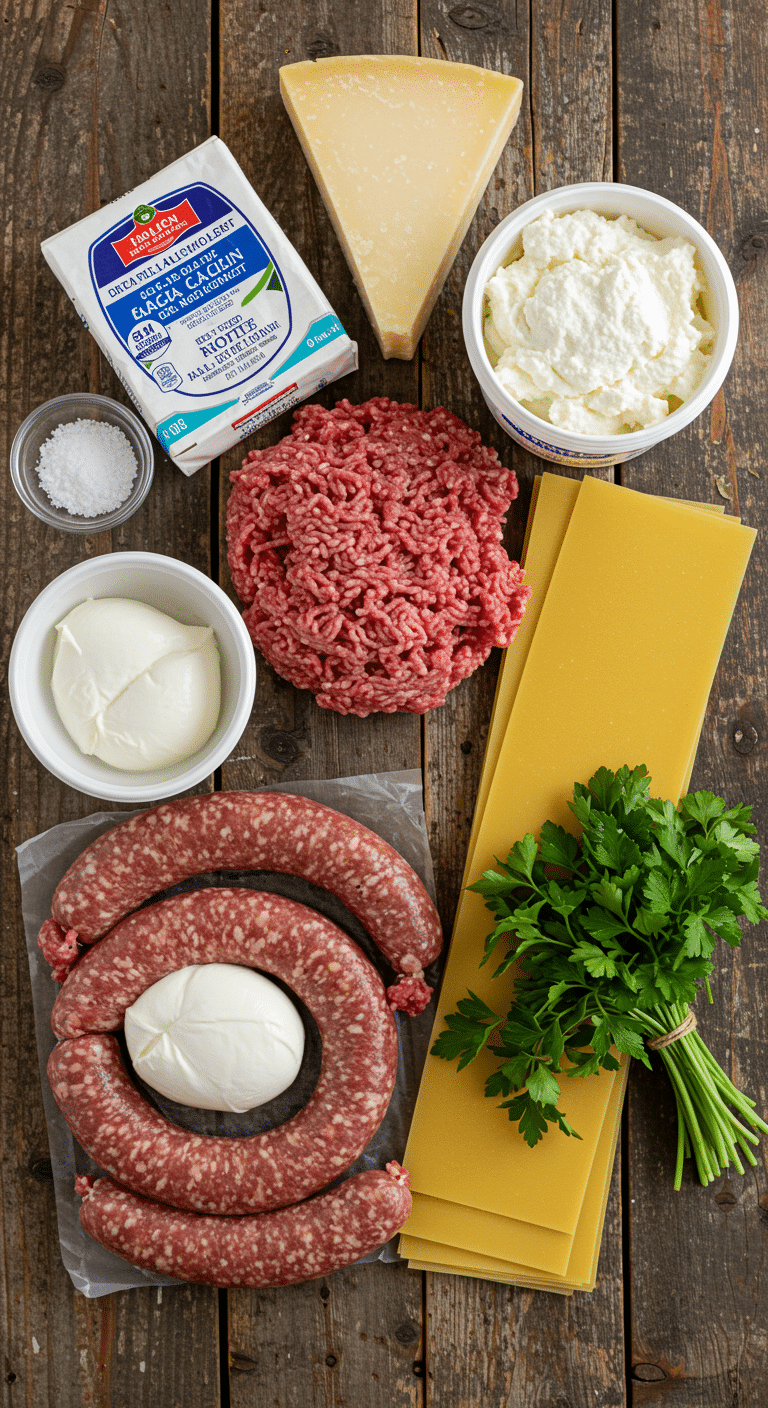 The fresh, classic ingredients for a homemade Classic Lasagna recipe.