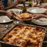 The finished, bubbly, golden-brown Classic Lasagna being presented at a happy family dinner.