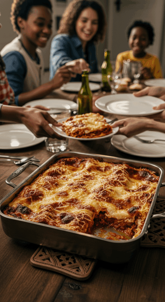 The finished, bubbly, golden-brown Classic Lasagna being presented at a happy family dinner.