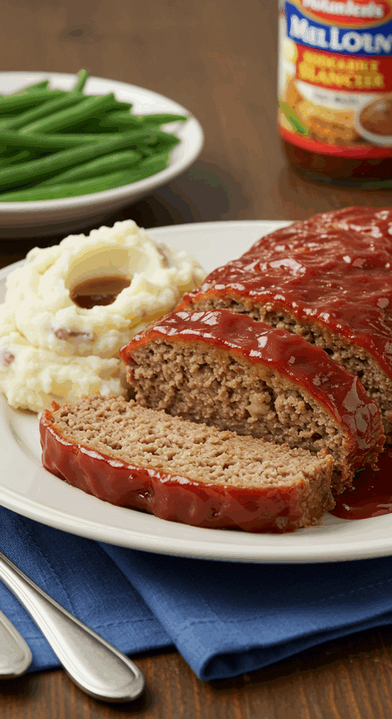 A classic dinner plate with a thick slice of Classic Meatloaf, mashed potatoes, and green beans.
