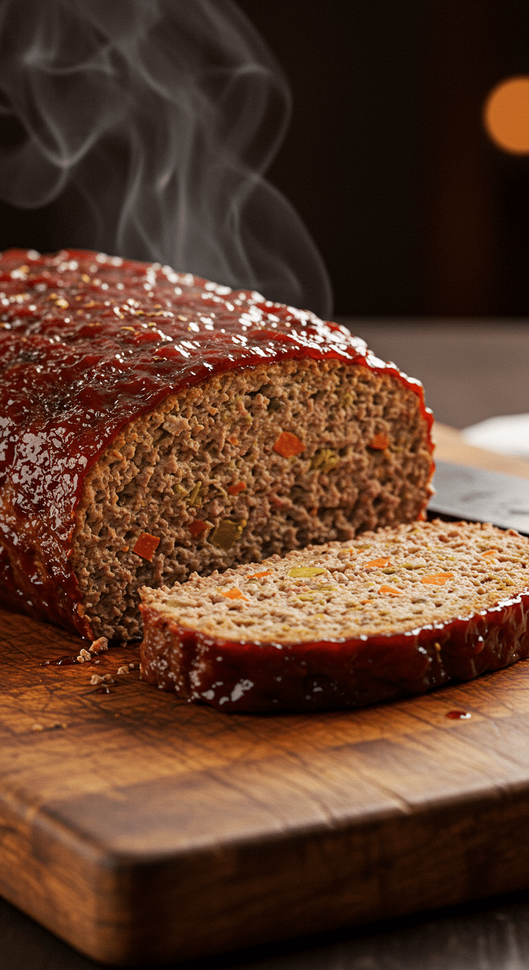 A beautiful, glazed Classic Meatloaf on a cutting board with one thick, juicy slice cut from it.